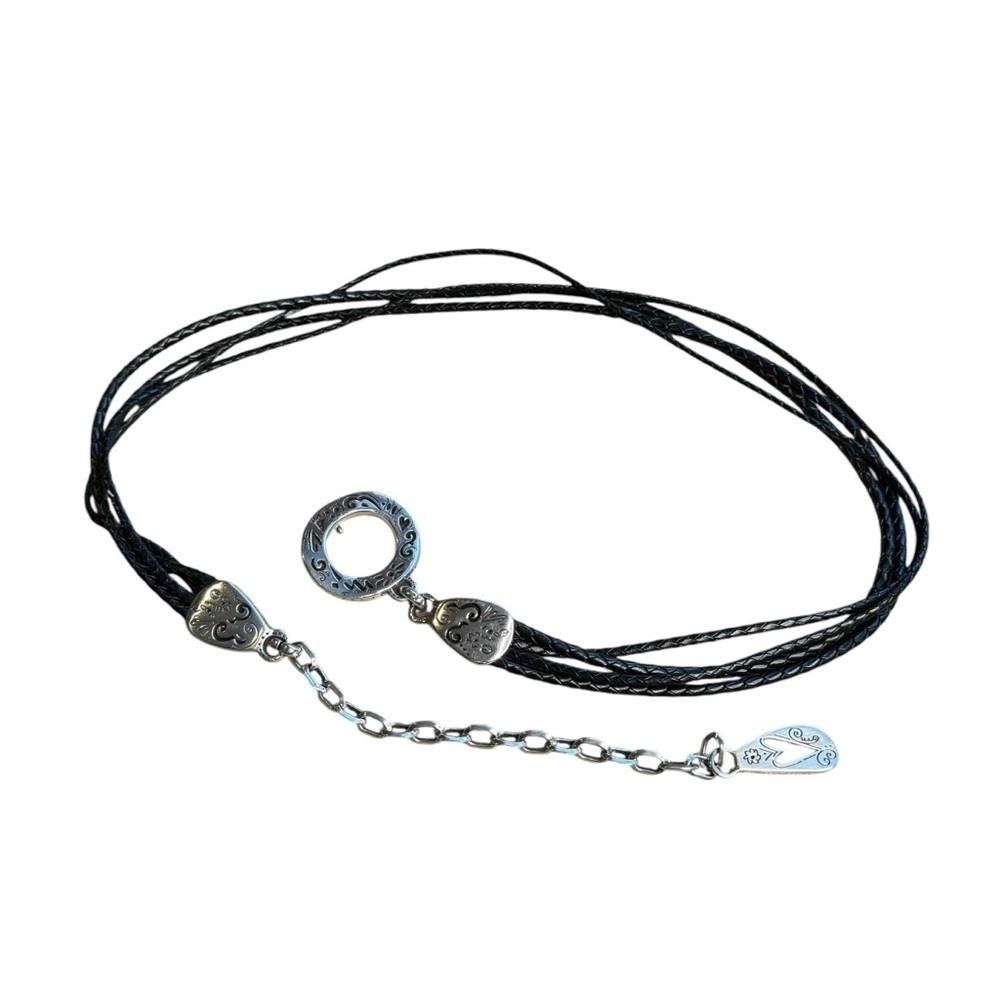 Brighton Black Braided Leather Lasso Rope Sling Wrap Belt Silver Clasp 40”